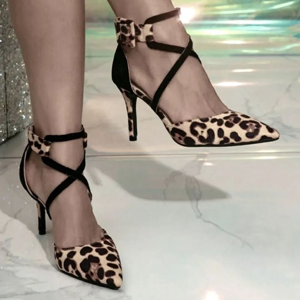 CHRISTIAN SIRIANO LEOPARD PRINT ADJUSTABLE ANKLE STRAP POINTED TOE SHOE